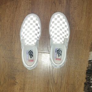 Vans White and Gray Checkered Slip-Ons
